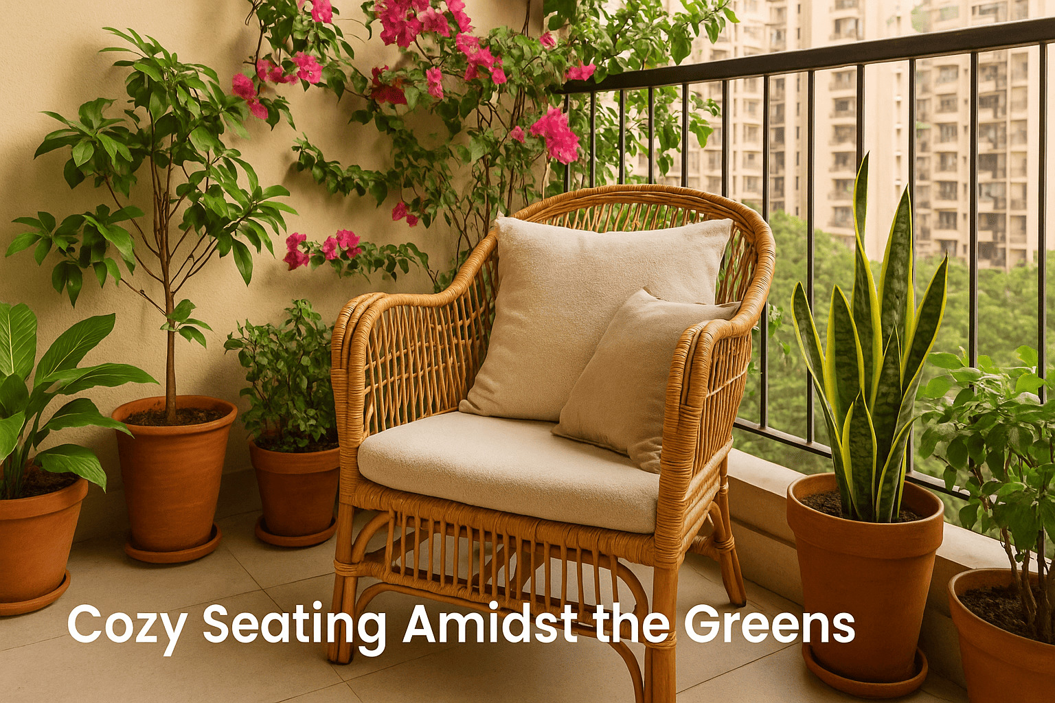 A cozy balcony setup with seating, greenery, and personal touches – perfect for unwinding.